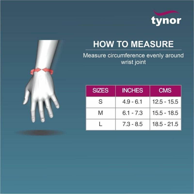 Tynor Wrist Brace With Double Lock sizing chart